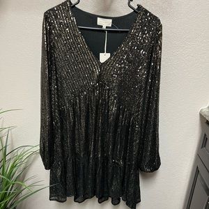 NWT Melloday Black and Gold Sequin Baby Doll Dress, Size Medium.